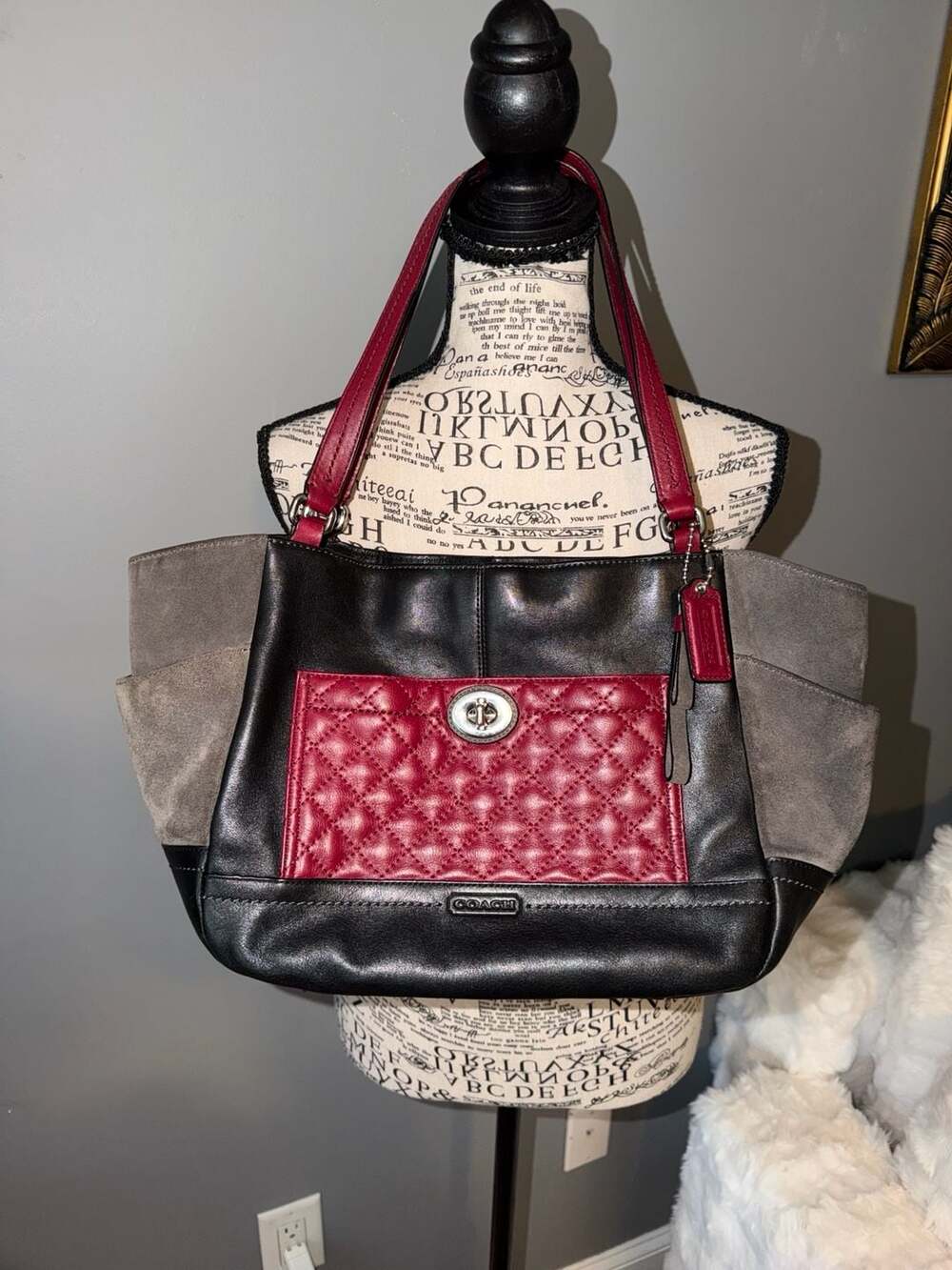 Coach F24993 Black Leather and Grey Suede Quilted Tote Bag